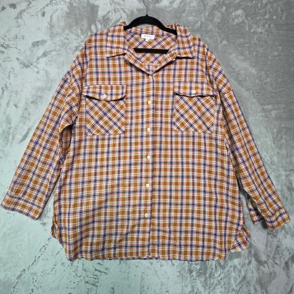 Better Be Womens Plaid Shirt Dress Mustard Orange Navy Blue Long Sleeve L